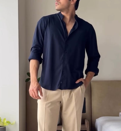 Navy blue shirt with beige straight fit pants