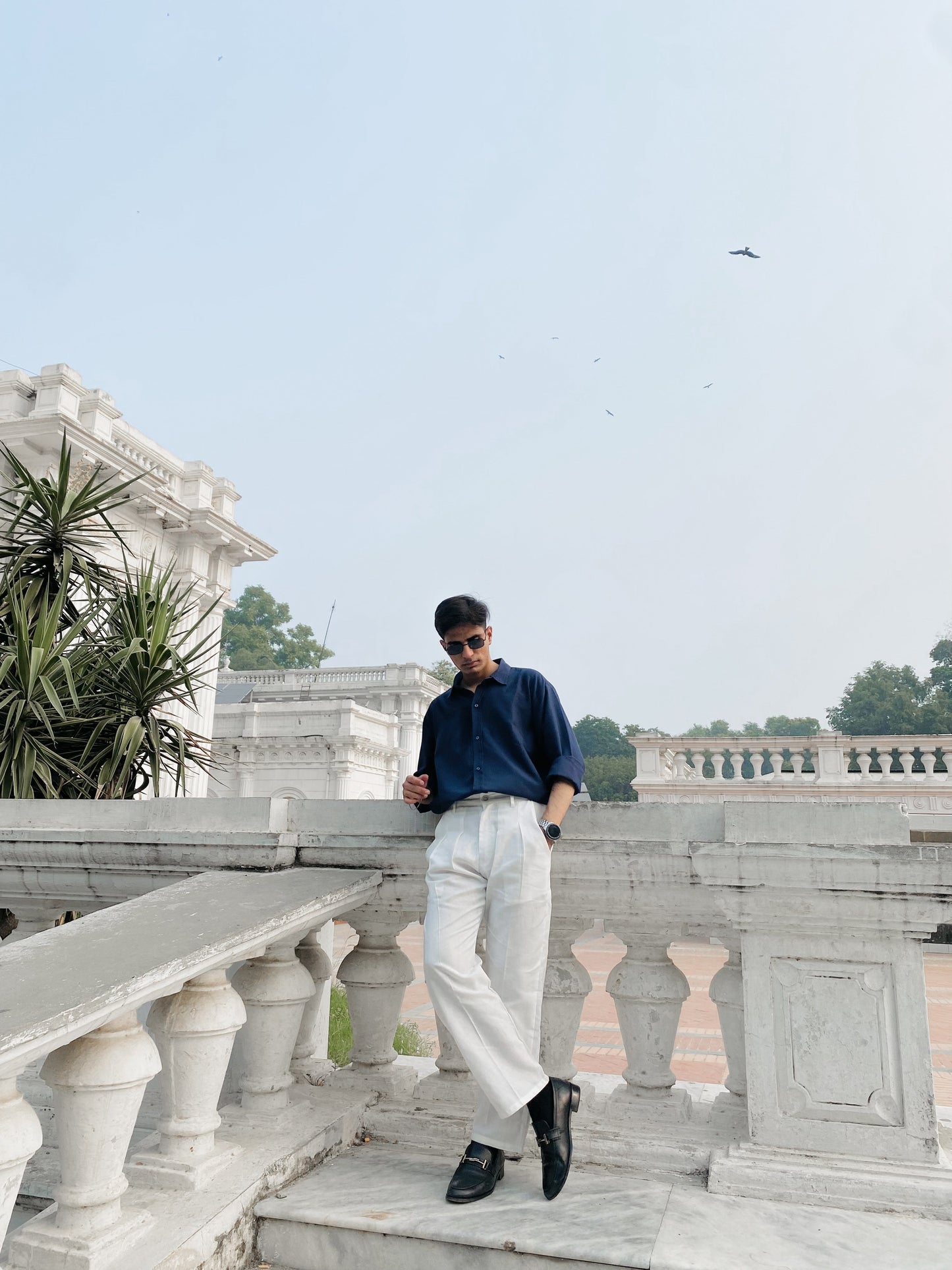 Old money fit with white linen pant and Blue textured full sleeves linen shirt