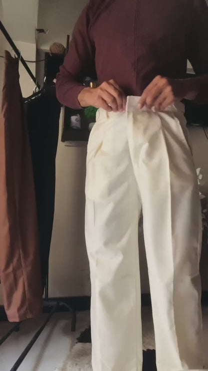 Cream white adjustable straight fit pants