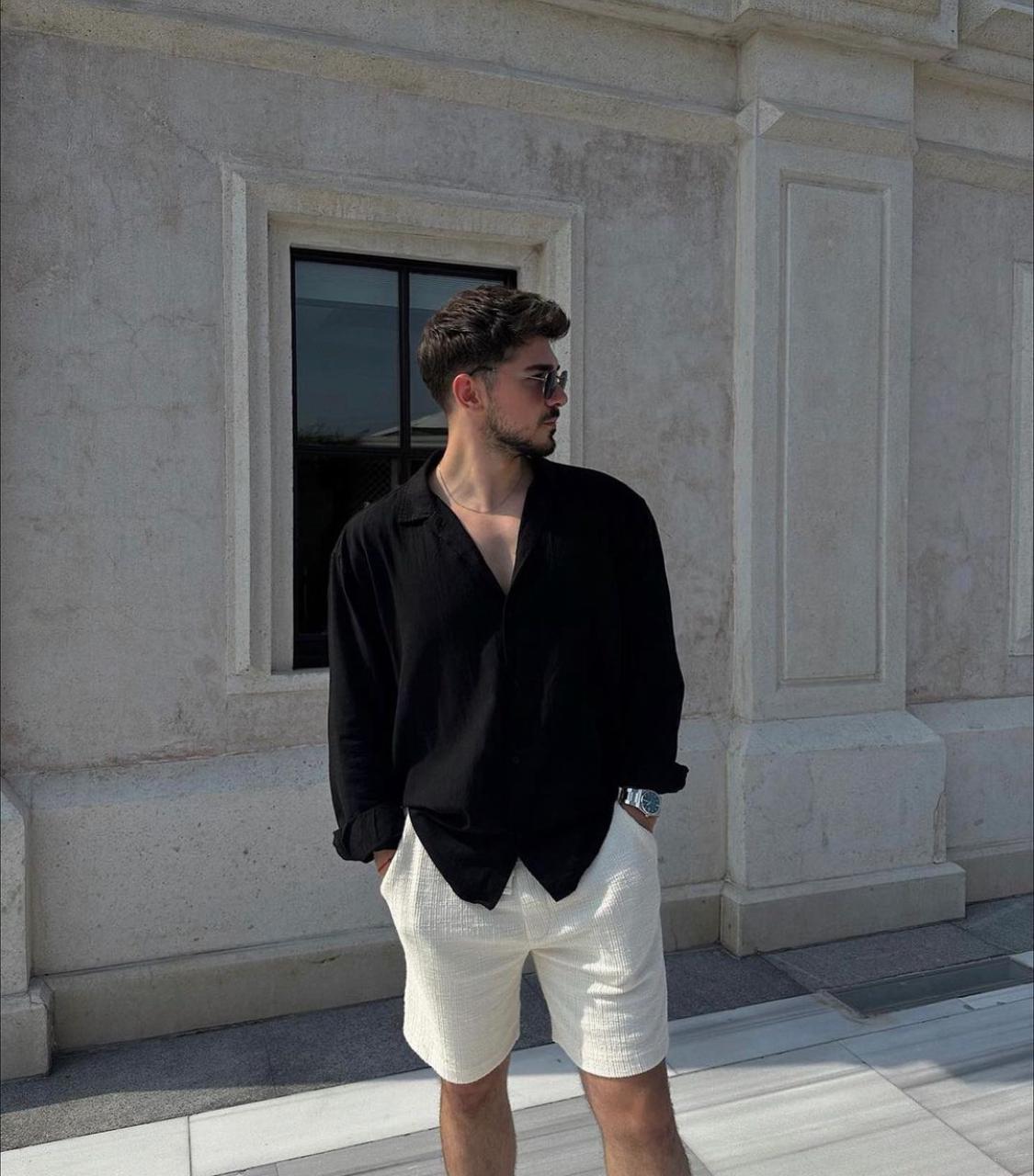 old money fit with black full sleeves shirt and Crushed fabric shorts